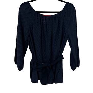 Carolina Herrera Cotton Silk Blend Navy 3/4 Sleeve Belted Blouse Womens 12